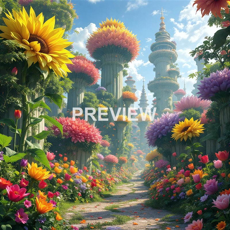 A vibrant, fantastical garden filled with enormous, colorful flowers and towering structures resembling flower stalks, under a bright blue sky with fluffy clouds.